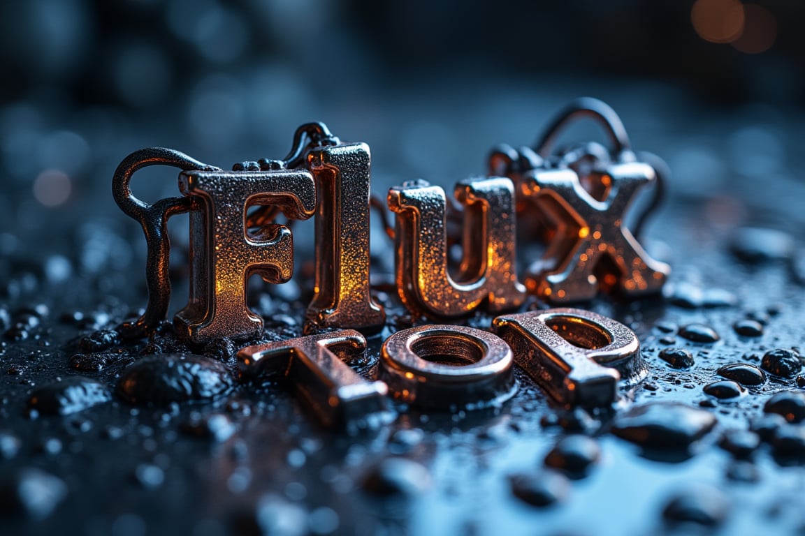 A mesmerizing close-up shot of a typography piece,text "Flux Top" where liquid metal flows like molten lava onto a surface, slowly solidifying into a three-dimensional word. The camera captures the intricate details as letters morph and change shape, their metallic sheen reflecting the surrounding light. In the background, a subtle gradient of blue hues evokes an otherworldly atmosphere, as if the words are emerging from a futuristic portal.