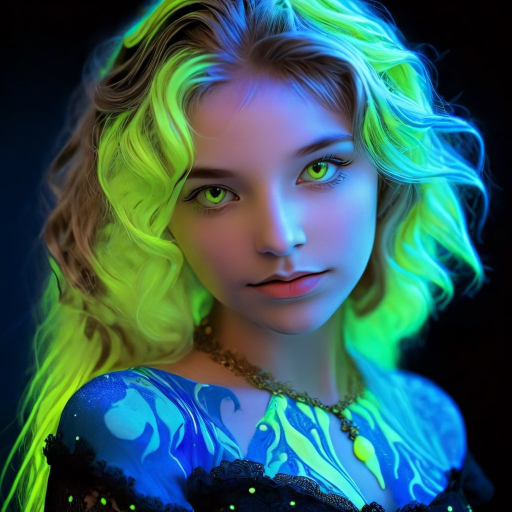 Renaissance style with a girl - realistic, perspective, light and shadow, religious or mythological themes, highly detailed.
,3d toon style,blacklight makeup,DonML1quidG0ldXL ,neon photography style,Niji Slime,DonMF43XL