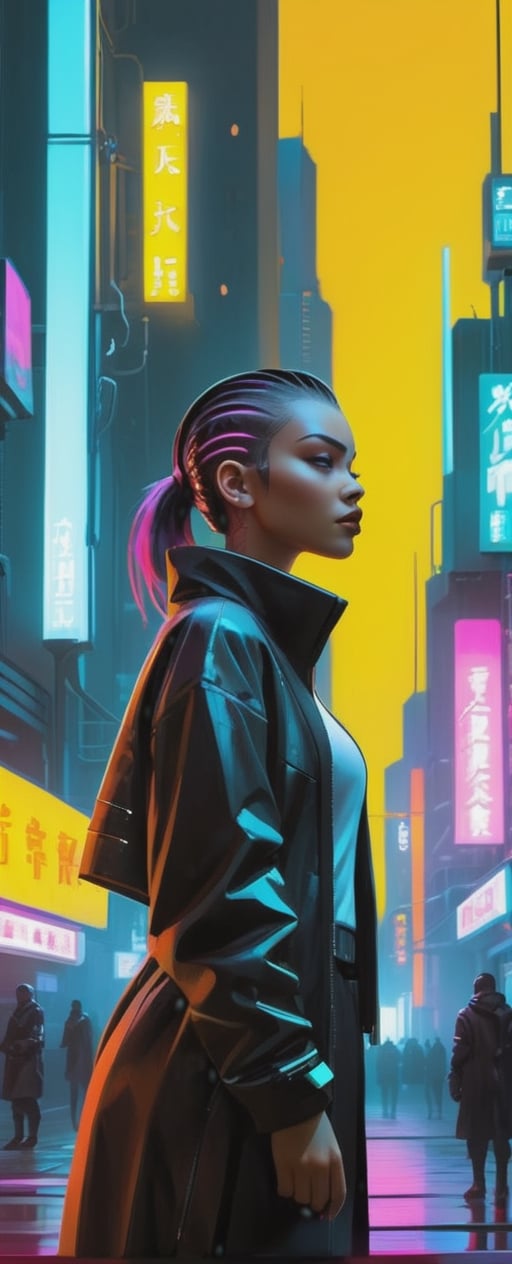  Neon Noir with an Urban Girl: Cyberpunk cityscape, neon lights, urban girl character in low light, high contrast.,makima,portrait_futurism
