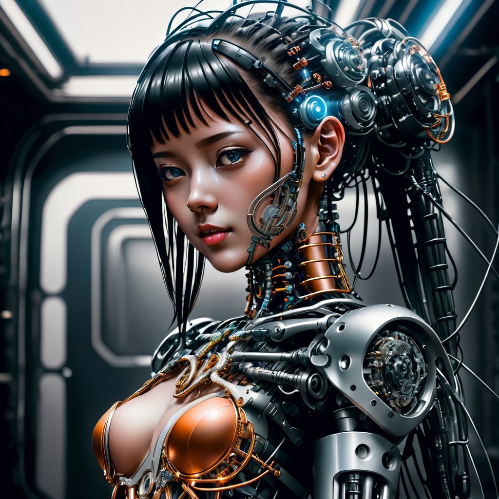 Cybernetic robot artwork featuring a girl - android, AI, machine, metal, wires, tech, futuristic, highly detailed.
