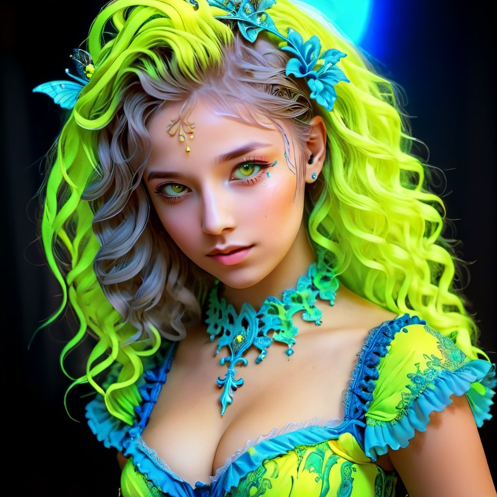 Renaissance style with a girl - realistic, perspective, light and shadow, religious or mythological themes, highly detailed.
,3d toon style,blacklight makeup,DonML1quidG0ldXL ,neon photography style,Niji Slime