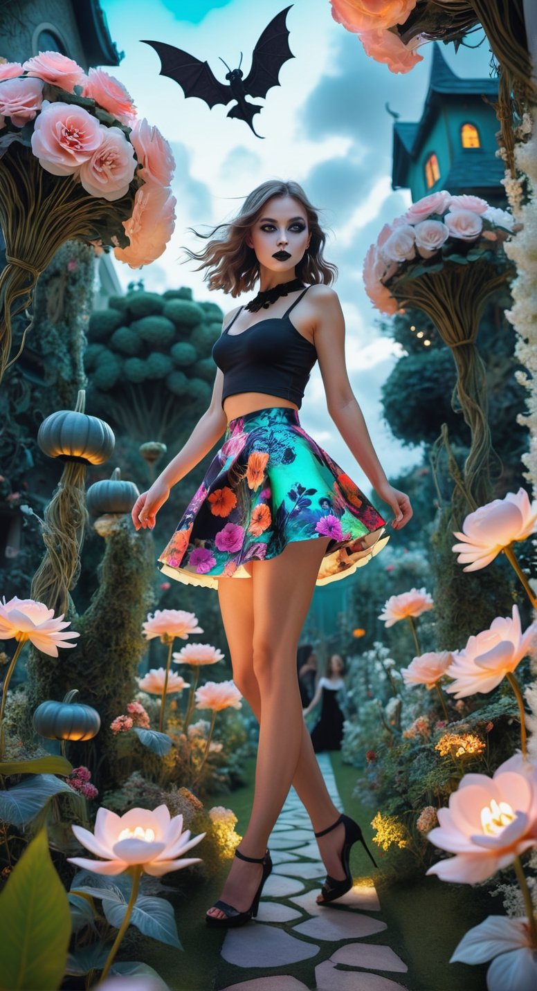 *Enchanted Garden Soiree:**
   [Art AI Halloween 2023 Creativity style] Picture a giantess in a floral miniskirt, gracefully walking through a garden filled with oversized flowers and whimsical vegetation. [Random camera view, ultra resolution, capturing intricate floral details, play of shadows and natural sunlight.]
,neon style,mythical clouds