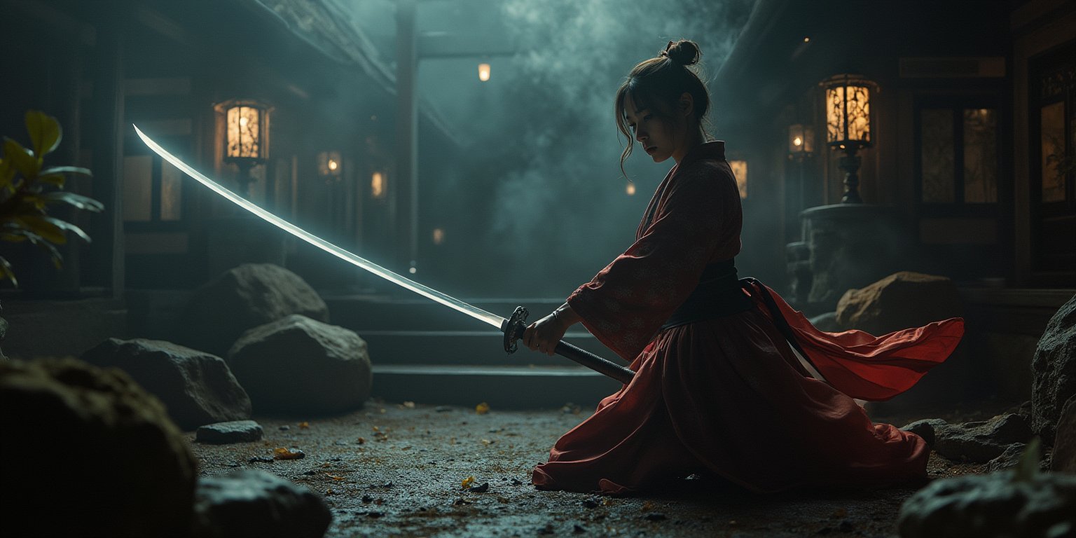 A contemplative Taki, her countenance ablaze with focused intensity, prepares her Nodachi sword within a mystical Japanese garden setting bathed in soft lantern light and veiled by wispy fog that caresses ancient stones. The eerie ambiance is heightened as she assumes a poised pose, kimono fluttering softly in the gentle breeze, signaling readiness to strike.