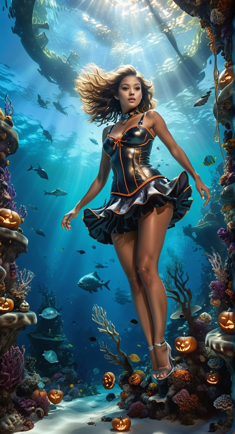 Underwater Enchantment:
[Art AI Halloween 2023 Creativity style] Dive into the depths as a majestic giantess, adorned in a shimmering miniskirt, explores an otherworldly underwater realm. [Random camera view, ultra resolution, capturing intricate marine details, interplay of shadows and bioluminescent light.]