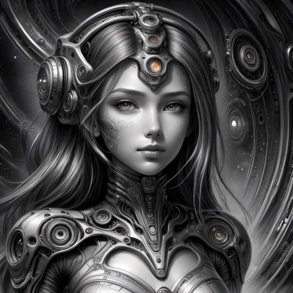 Biomechanical style with a girl - blend of organic and mechanical elements, futuristic, cybernetic, detailed, intricate.
,pencil sketch,DonMASKTexXL 