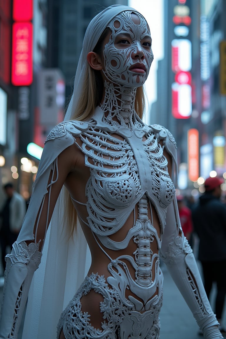 Here's a prompt for generating an image:

HD magazine cover featuring an epic, ultra-sharp, and hyper-detailed image of a futuristic streetwear model wearing an intricate, 3D-printed exoskeleton fashion piece that resembles skeletal fragments with slits and fractures. The bone-like structure is highlighted by dramatic lighting, showcasing the elegant design's geometric wireframe details. As the camera zooms in, the skin underneath becomes visible, revealing a see-through effect. In the dystopian backdrop, a GUNDAM-inspired cityscape serves as the perfect setting for this luxury, elite fashion statement. The brand's logo proudly adorns the cover.