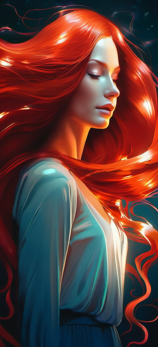 a painting of a woman with long red hair, digital art by Cyril Rolando, zbrush central contest winner, digital art, glossy digital painting, glowing flowing hair, flowing glowing hair
