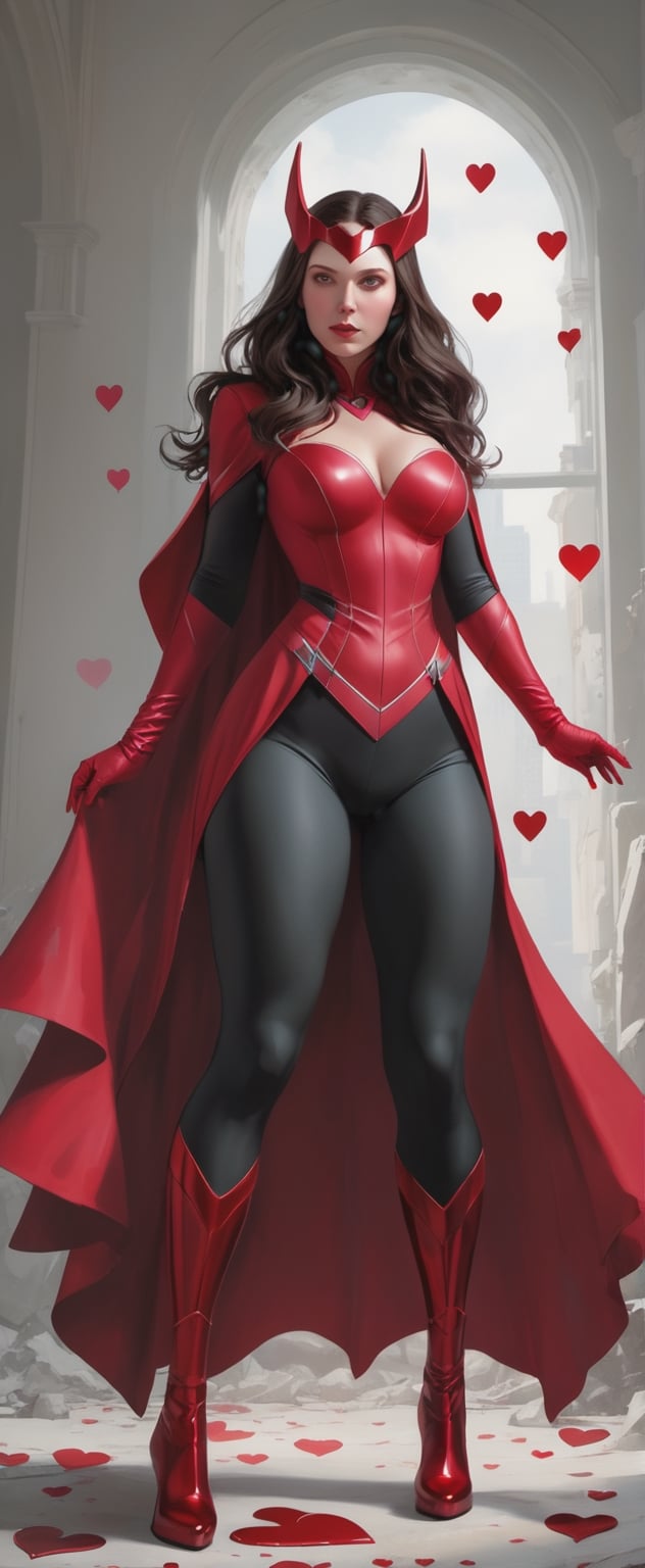 a woman in a red costume posing for a picture, inspired by Frank Miller, scarlet witch costume, elegant lady with alabaster skin, ryan kiera armstrong, fullbodysuit, [[fantasy]], yennefer, red hearts, super hero costume, benjamin vnuk, matte photo, she - hulk, devon cady-lee, lucas graziano, curvy
,dripping paint