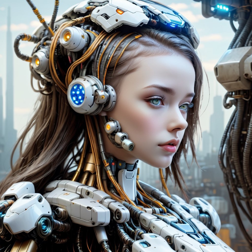 Cybernetic robot artwork featuring a girl - android, AI, machine, metal, wires, tech, futuristic, highly detailed.
,Leonardo Style,cyberpunk style,candyseul,DonShr00mXL ,portrait_futurism,mecha