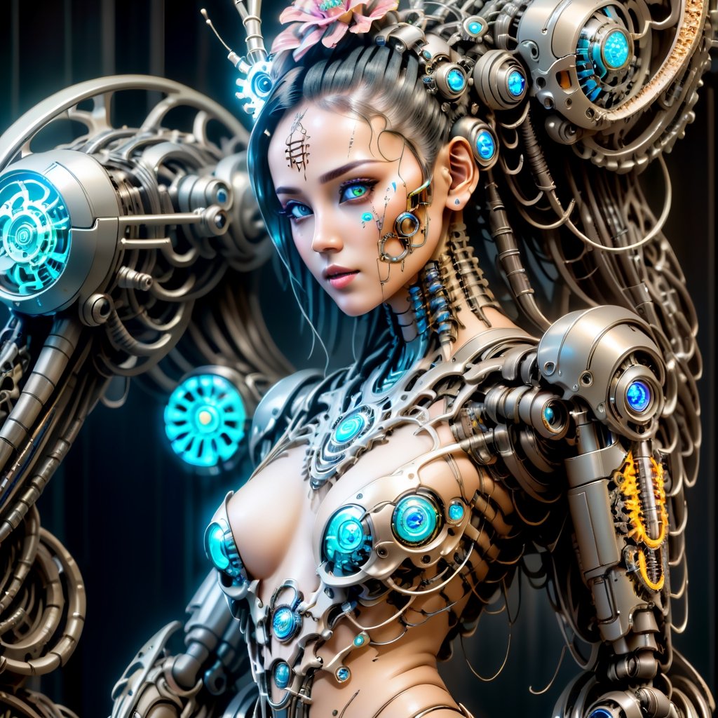 Biomechanical cyberpunk artwork with a girl - cybernetics, human-machine fusion, dystopian, organic meets artificial, dark, intricate, highly detailed.
,mecha,blacklight makeup