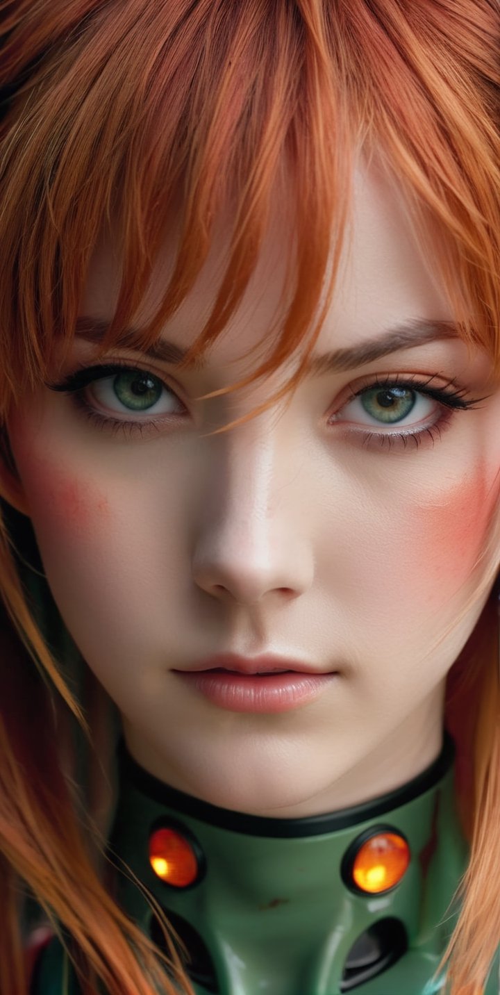 body art portrait of beautiful woman, Asuka Langley from Evangelion, post apocalyptic, charismatic looks, beautiful face, pale skin, nice hot eyes, photorealistic,maximum texture,
 Perfectionism, Cinematic Lighting, extremely detailed , Post-Production, 8K,realistic shaders effects,pencil sketch