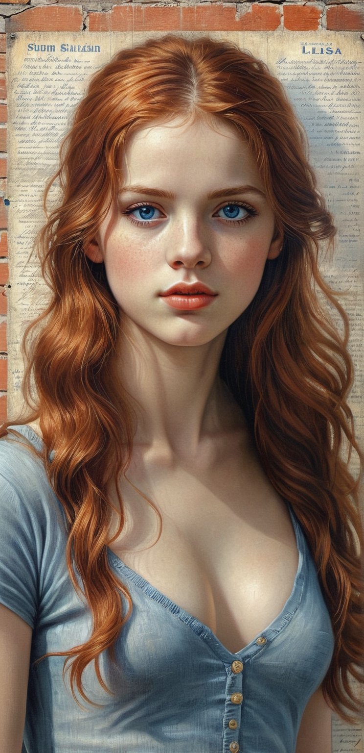 a girl holds with big an inscription, clear large distinguishable words,ultra realistic HD portrait, on the sign it says  "lisa"  / Hyperrealistic sexy Girl Portrait,full body,red long hair,ultra detail blue eyes,face,perfect body**: An extremely high-resolution hyperrealistic portrait of a girl, pushing the boundaries of realism with fine textures and lifelike details.
,vintagepaper,text as "",v0ng44g