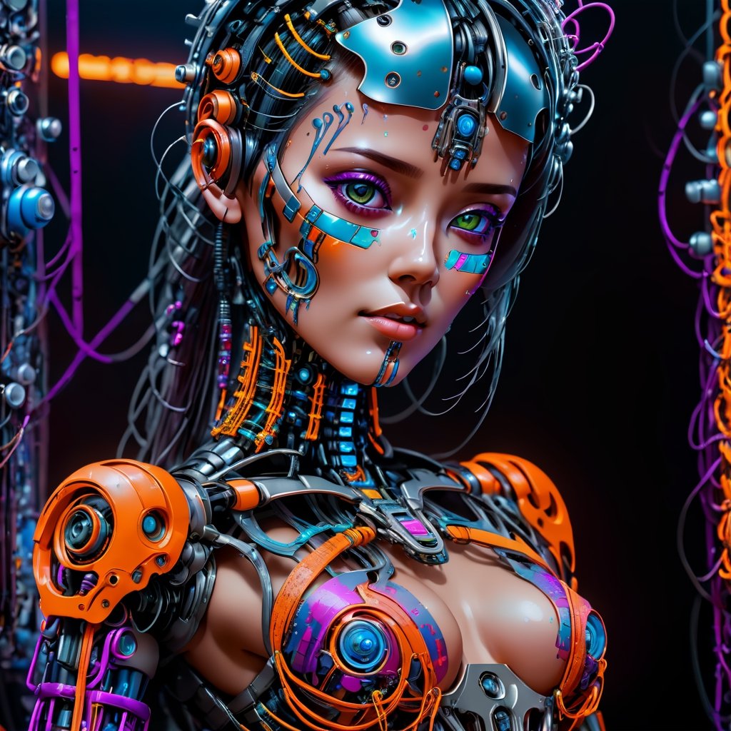 Cybernetic robot artwork featuring a girl - android, AI, machine, metal, wires, tech, futuristic, highly detailed.
,blacklight makeup,cyberpunk style,samdoesart,dripping paint