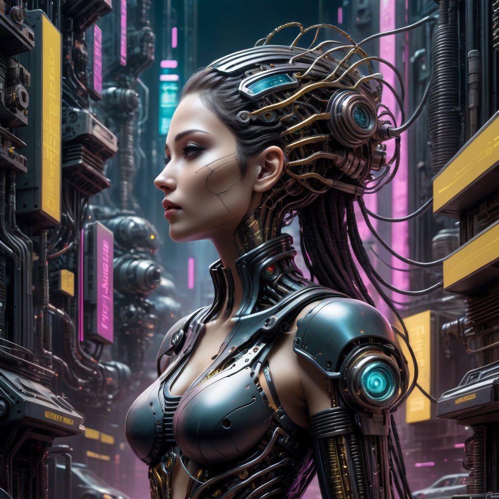 Biomechanical cyberpunk artwork with a girl - cybernetics, human-machine fusion, dystopian, organic meets artificial, dark, intricate, highly detailed.
