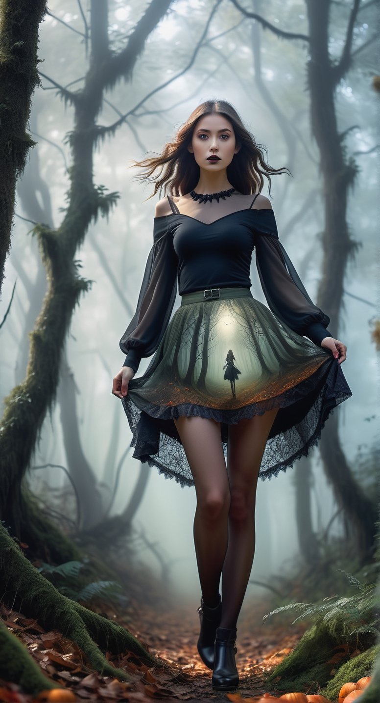 Mystical Forest Stroll:
[Art AI Halloween 2023 Creativity style] A captivating giantess in a bewitching miniskirt, gracefully walking through an ancient, fog-draped forest. [Random camera view, ultra resolution, intricate details, shadows dancing in ethereal light.]