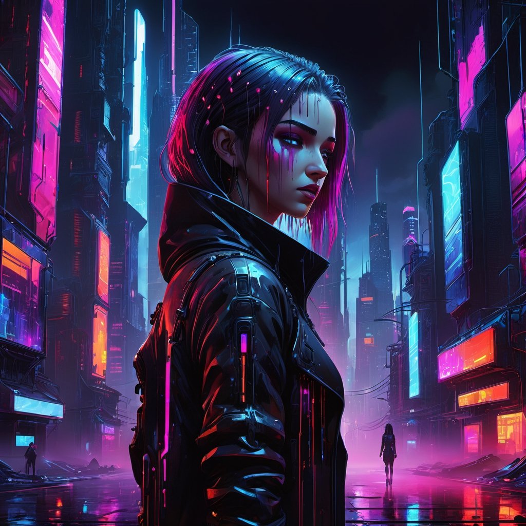 Cyberpunk cityscape with a girl - neon lights, dark alleys, skyscrapers, futuristic, vibrant colors, high contrast, highly detailed.
,dripping paint,DonM5yn1hXL,arcane