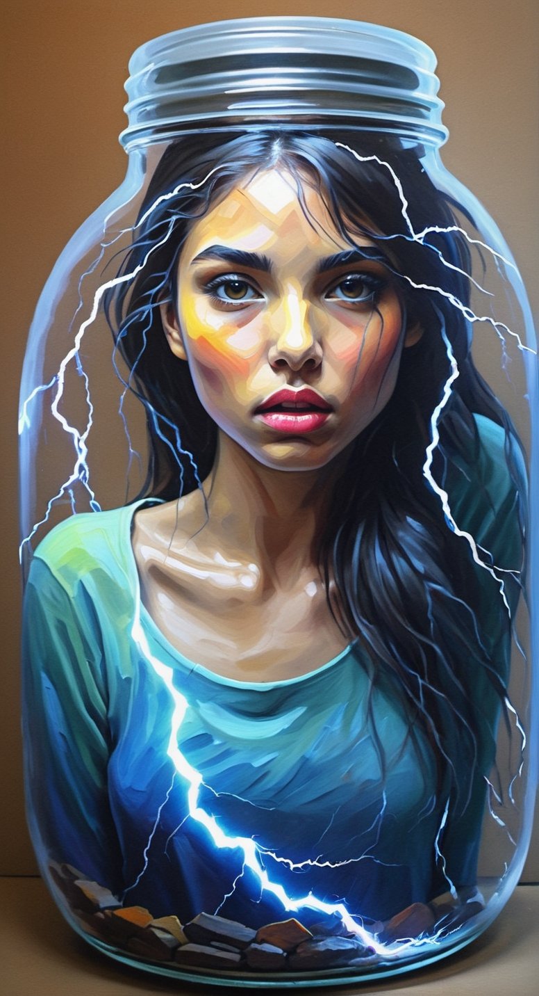 Expressionist Painting: Raw Girl Emotion**: An expressionist painting capturing the raw and dynamic emotions of a girl with unusual colors and intricate details.
,in a jar,composed of elements of thunder,thunder,electricity