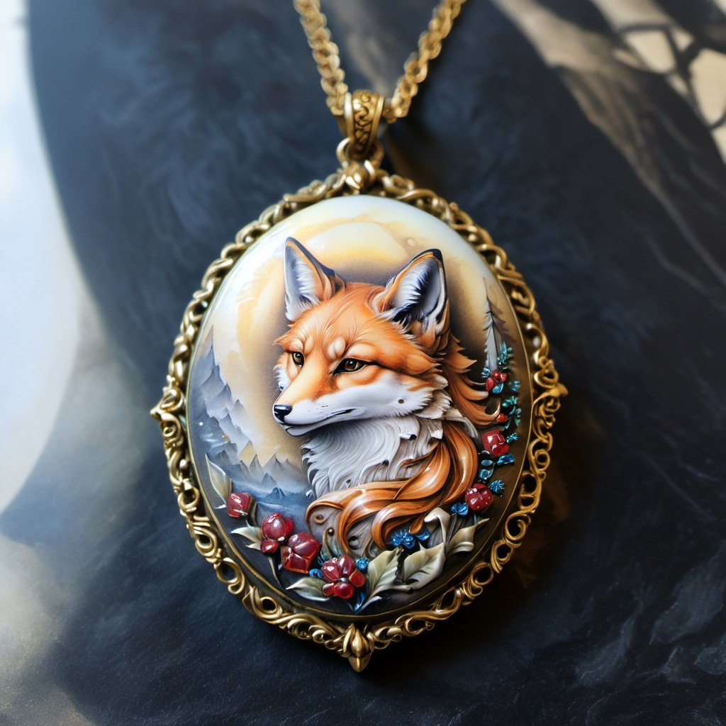 Renaissance style with a girl - realistic, perspective, light and shadow, religious or mythological themes, highly detailed.
,Leonardo Style,Spirit Fox Pendant,ink scenery