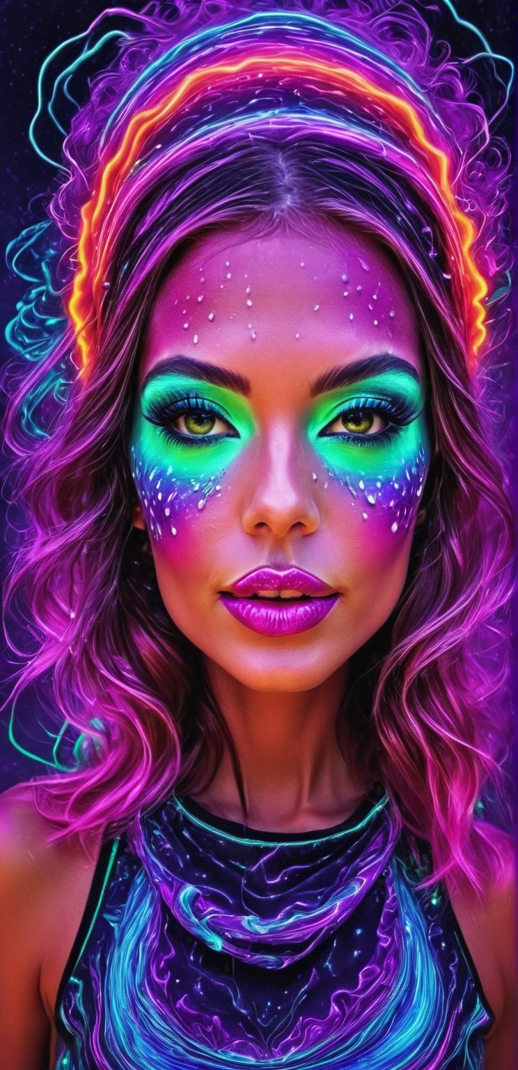 Psychedelic Soiree: Immerse yourself in a psychedelic soiree with hyperrealistic portrayals of vibrant female characters on a trippy midjourney, designed for psychedelic poster and sticker art. Slogan: "Groovy Gal."
,neon style,sticker,dripping paint,fire that looks like...,Face makeup