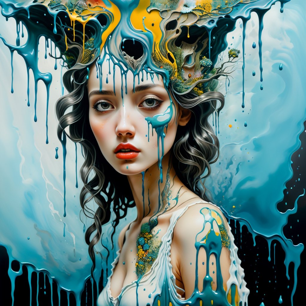 Surrealist art with a girl - dreamlike, mysterious, provocative, symbolic, intricate, detailed.
,dripping paint