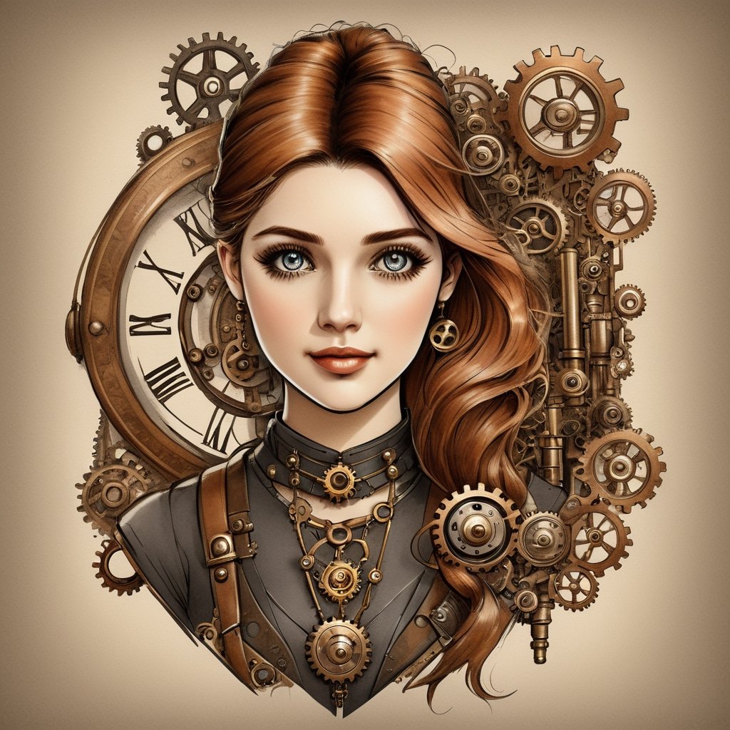 Steampunk style with a girl - antique, mechanical, brass and copper tones, gears, intricate, detailed.
,tshirt design,pencil sketch