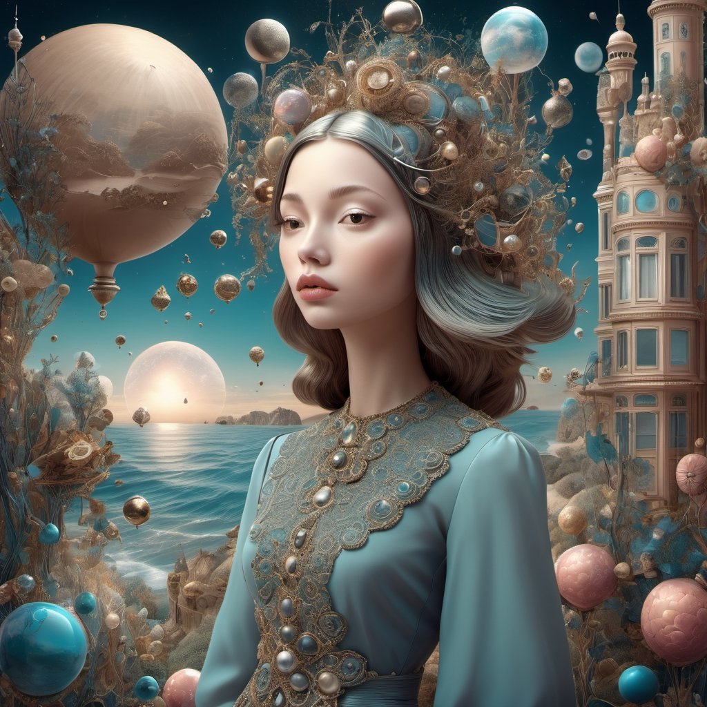 Surrealist art with a girl - dreamlike, mysterious, provocative, symbolic, intricate, detailed.
,3d style