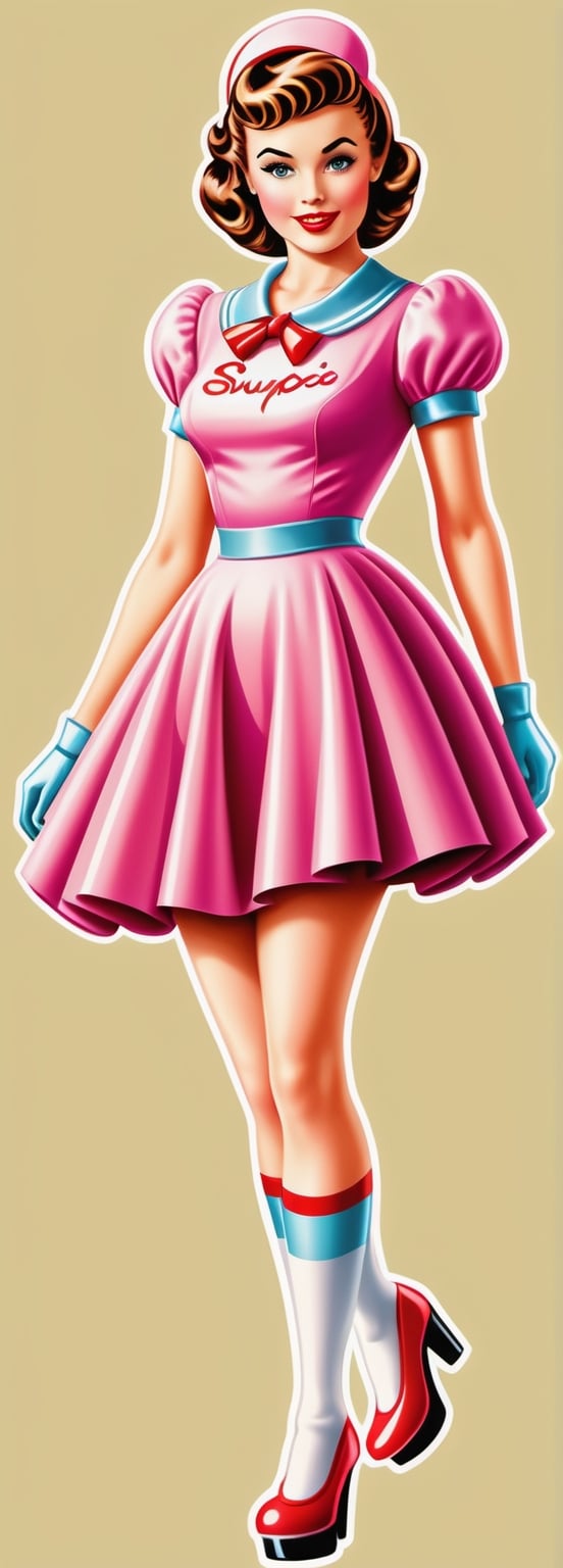 "Create a vector logo illustration featuring a walking girl in vintage-inspired Candy Suxxx cosplay, infusing retro glamour with post-Soviet romanticism. Dress her in a short skirt and a unique top, and add slow-motion charm with cinematic rear views, drawing inspiration from George Petty's timeless vector logo art."
,wave art style