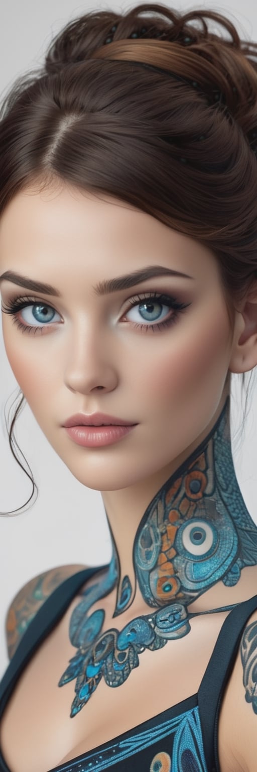 lucy as real woman, amazon, very gorgeous woman, ai human, realistic portrait,
 body art fashion,beautiful face & eyes,details high realism,background surreal 4d