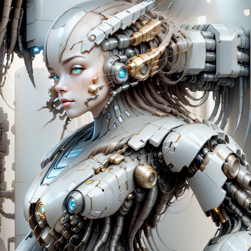 Cybernetic robot artwork featuring a girl - android, AI, machine, metal, wires, tech, futuristic, highly detailed.
,Leonardo Style,cyberpunk style,candyseul,DonShr00mXL ,portrait_futurism,mecha,biopunk style