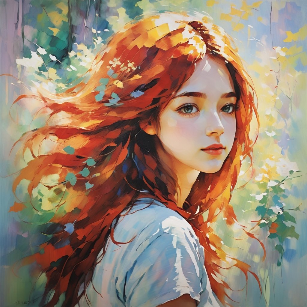 Impressionist painting of a girl - loose brushwork, vibrant color, light and shadow play, captures feeling over form.
,tshirt design