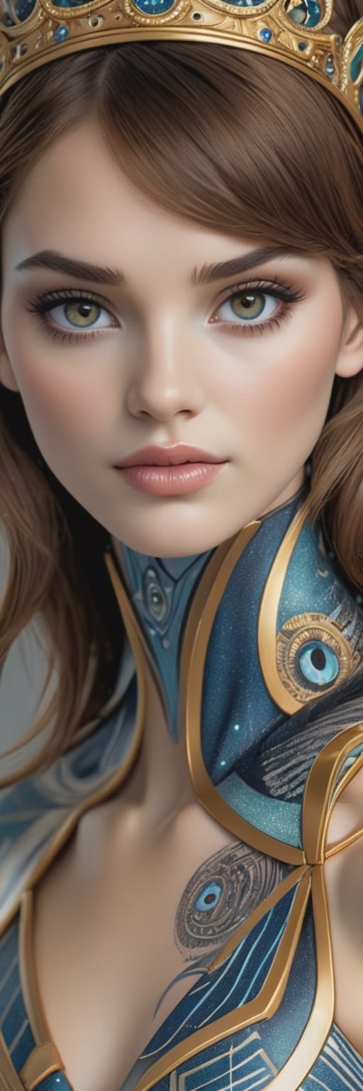 lucy as real woman, amazon, very gorgeous woman, ai human, realistic portrait,
 body art fashion,beautiful face & eyes,details high realism,background surreal 4d