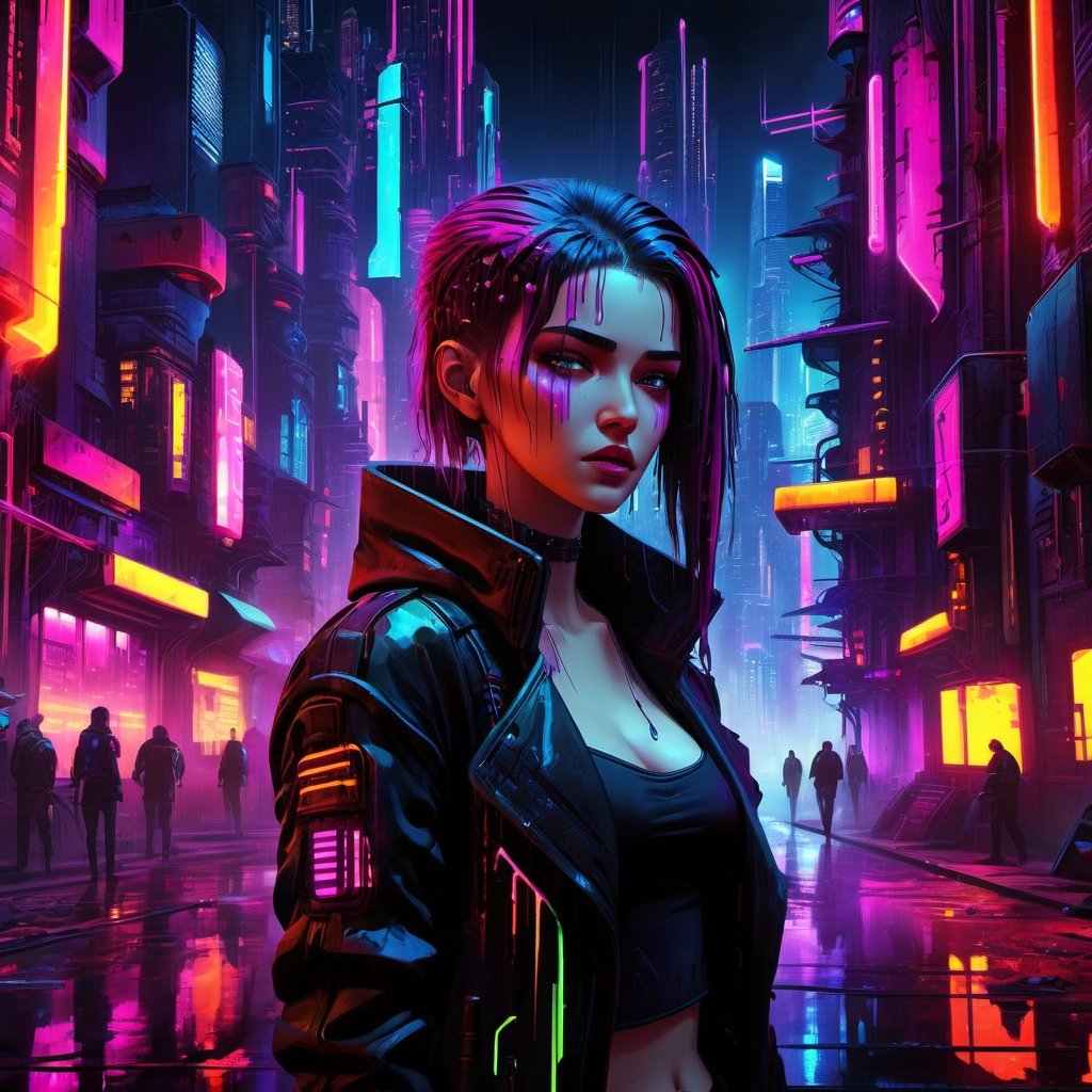 Cyberpunk cityscape with a girl - neon lights, dark alleys, skyscrapers, futuristic, vibrant colors, high contrast, highly detailed.
,dripping paint,DonM5yn1hXL,arcane