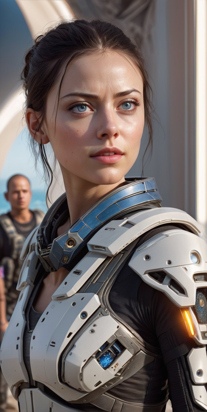 A very beautiful woman, a character from the movie "Elysium, 2013 " beautiful, detailed eyes and face features, stylish outfit, best art style,
 realistic lighting, detailed cinematic portrait and details, HDR, 8K, 5d background concept art
,3d style