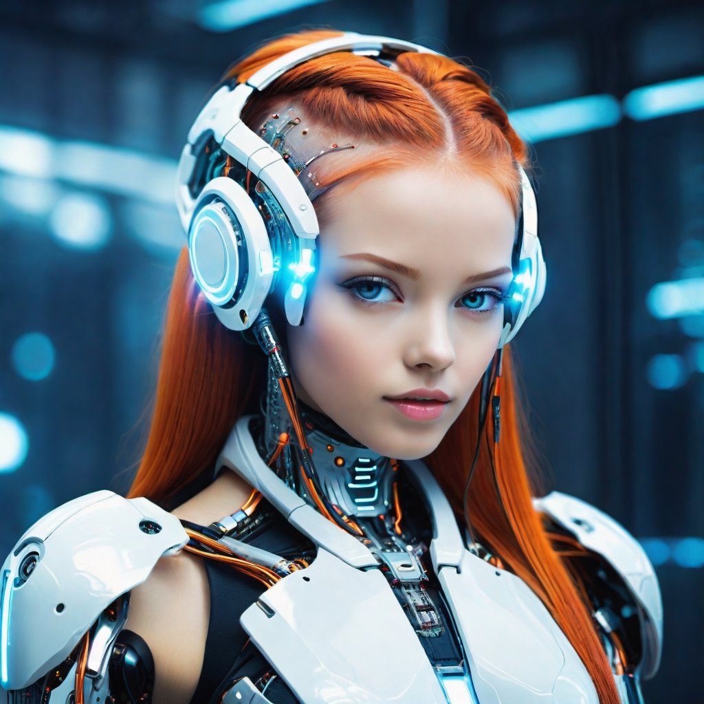 Cybernetic style with a girl - futuristic, technological, cybernetic enhancements, robotics, artificial intelligence themes.
