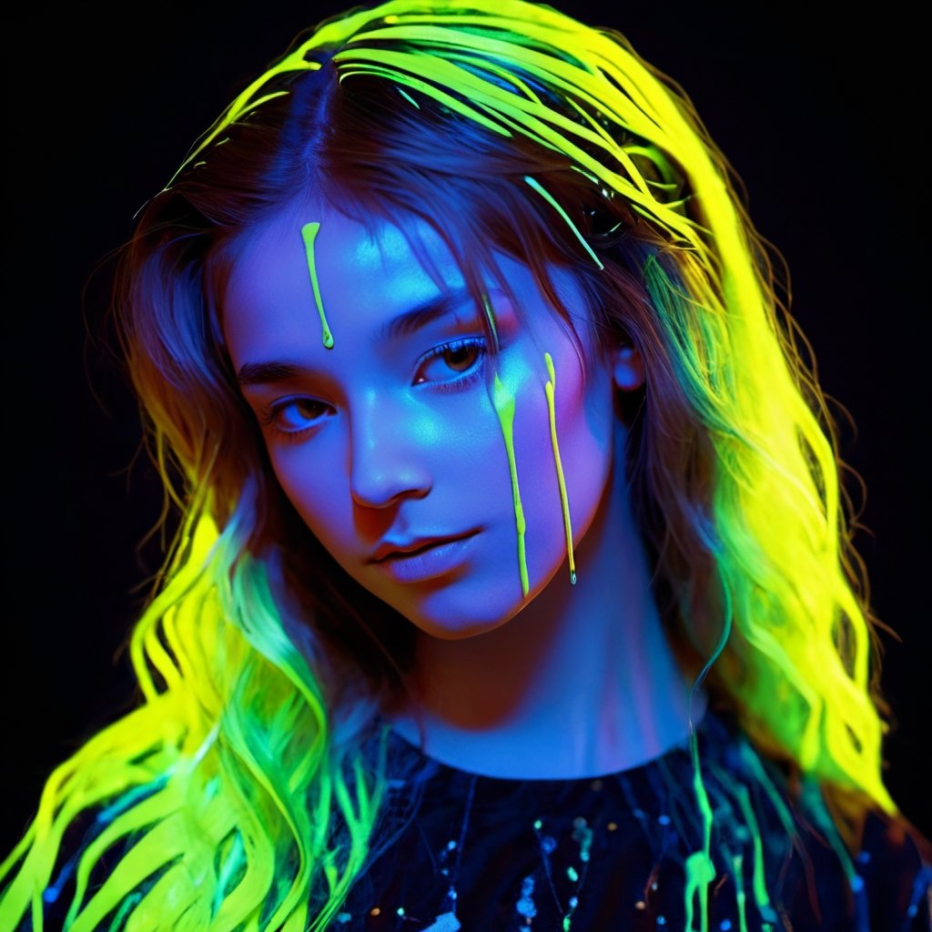 Renaissance style with a girl - realistic, perspective, light and shadow, religious or mythological themes, highly detailed.
,3d toon style,blacklight makeup,DonML1quidG0ldXL ,neon photography style,Niji Slime,DonMF43XL,dripping paint