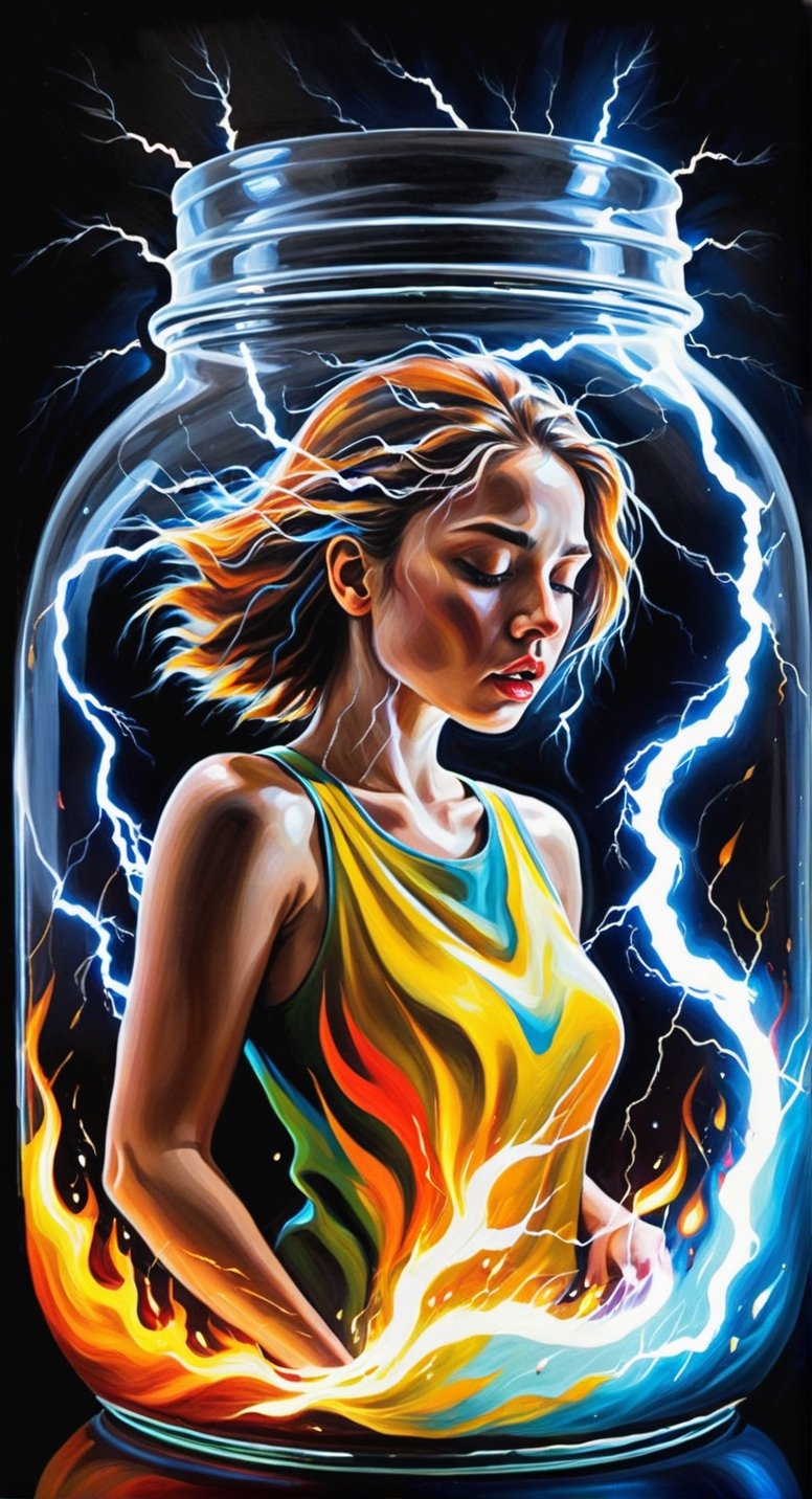 Expressionist Painting: Raw Girl Emotion**: An expressionist painting capturing the raw and dynamic emotions of a girl with unusual colors and intricate details.
,in a jar,composed of elements of thunder,thunder,electricity,fire element