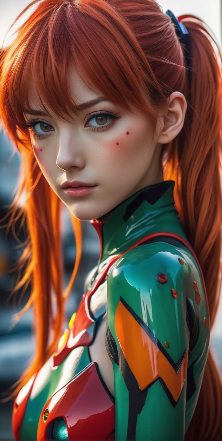 body art portrait of beautiful woman, Asuka Langley from Evangelion, post apocalyptic, charismatic looks, beautiful face, pale skin, nice hot eyes, photorealistic,maximum texture,
 Perfectionism, Cinematic Lighting, extremely detailed , Post-Production, 8K,realistic shaders effects,neon photography style,ink scenery