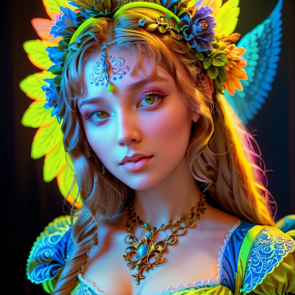 Renaissance style with a girl - realistic, perspective, light and shadow, religious or mythological themes, highly detailed.
,3d toon style,blacklight makeup,DonML1quidG0ldXL ,neon photography style