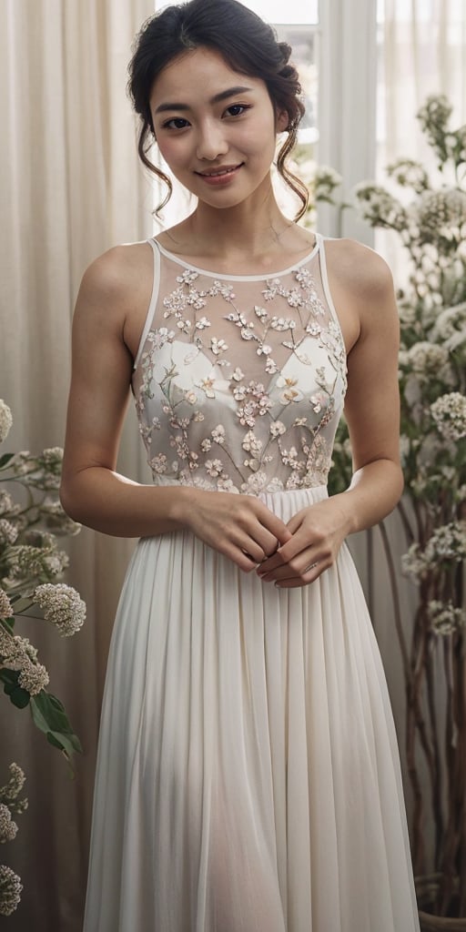 A serene woman in a flowing white dress with delicate floral patterns poses confidently against a whimsical backdrop of interconnected flowers, warm sunlight casting gentle shadows on her face as she wears a subtle smile, her radiant complexion illuminated by the soft focus.,realistic hands