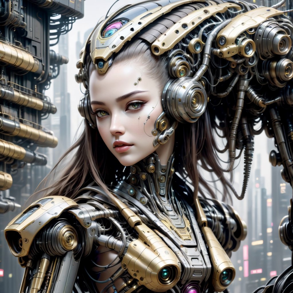 Biomechanical cyberpunk artwork with a girl - cybernetics, human-machine fusion, dystopian, organic meets artificial, dark, intricate, highly detailed.
,mecha