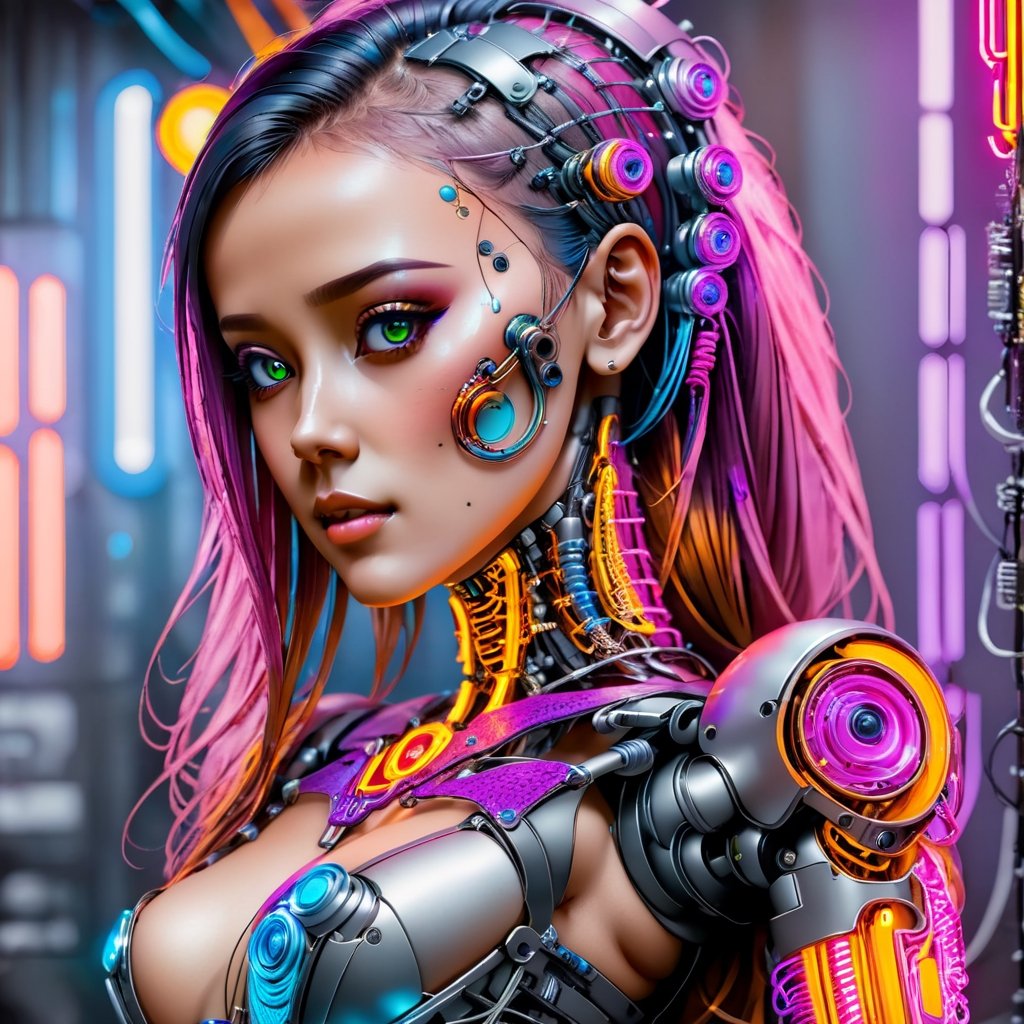 Cybernetic robot artwork featuring a girl - android, AI, machine, metal, wires, tech, futuristic, highly detailed.
,blacklight makeup,cyberpunk style,samdoesart