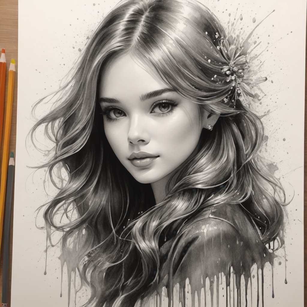 Luxury product style featuring a girl - elegant, sophisticated, high-end, luxurious, professional, highly detailed.
,pencil sketch,dripping paint