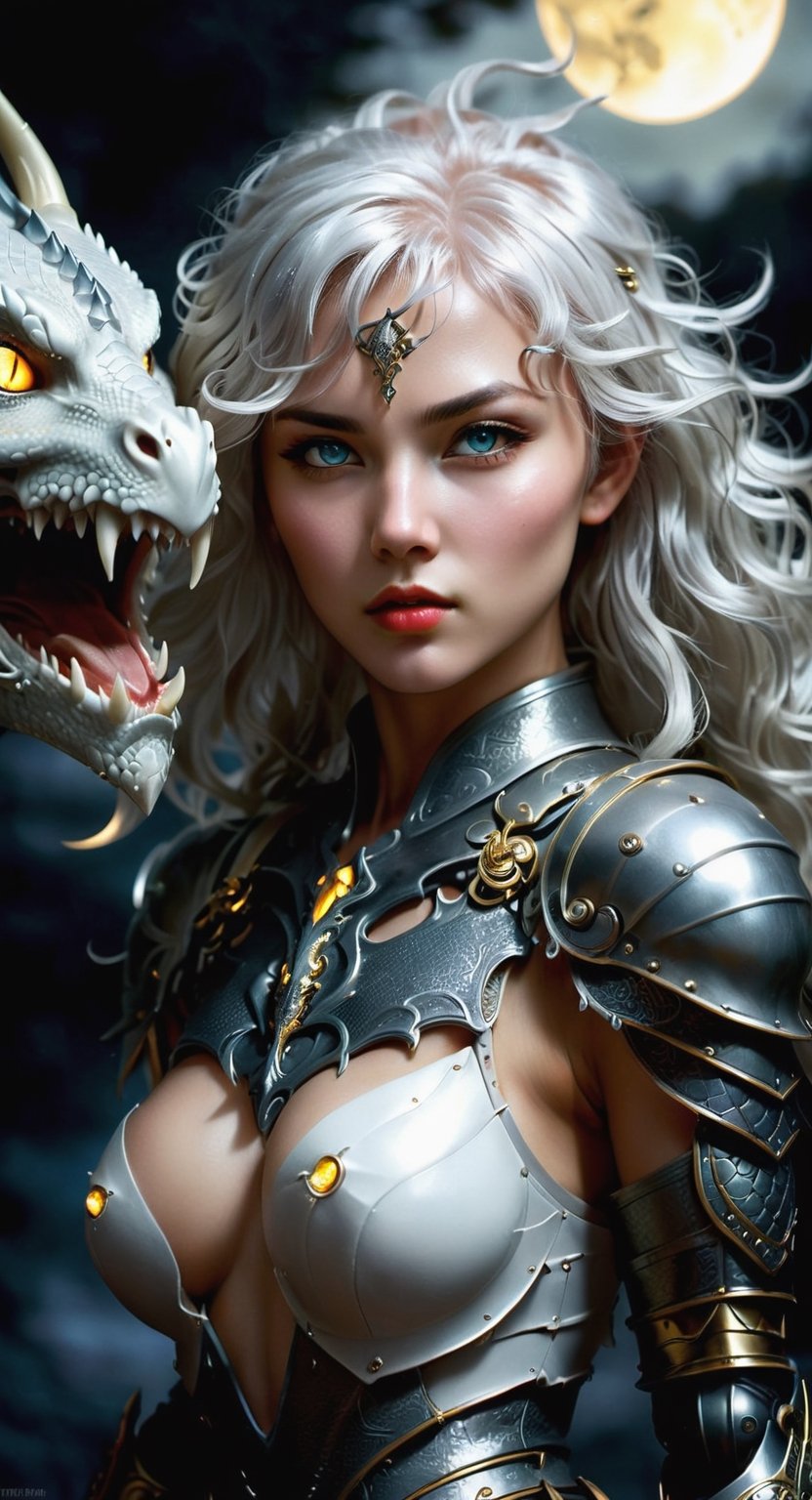 Girl warrior : A sultry warrior with white wavy hair, her hypnotic eyes piercing through the darkness, her golden armor glistening in the moonlight, her lips so kissable yet deadly, a black dragon looming behind her, ready to strike.
,DonMn1ghtm4reXL