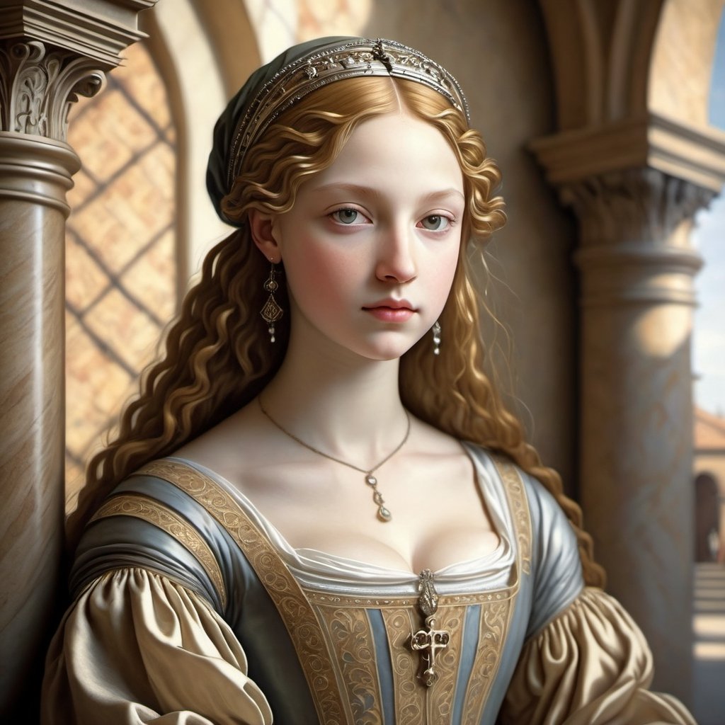 Renaissance style with a girl - realistic, perspective, light and shadow, religious or mythological themes, highly detailed.
,Leonardo Style