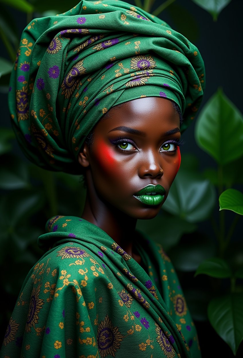 A mesmerizing portrait emerges on a dark canvas, where verdant blooms burst forth like emeralds against the void. A regal dark-skinned woman stands tall, her piercing green eyes ablaze amidst a tapestry of greens. Vibrant green lips curve into an enigmatic smile, as an ornate green headscarf unfurls, its bold purple patterns weaving a mystical spell. Red accents ignite, casting a fiery glow upon the lush foliage and the subject's statuesque form, as if conjuring forth the secrets of this mystical realm, where verdant life bursts forth from the darkness.