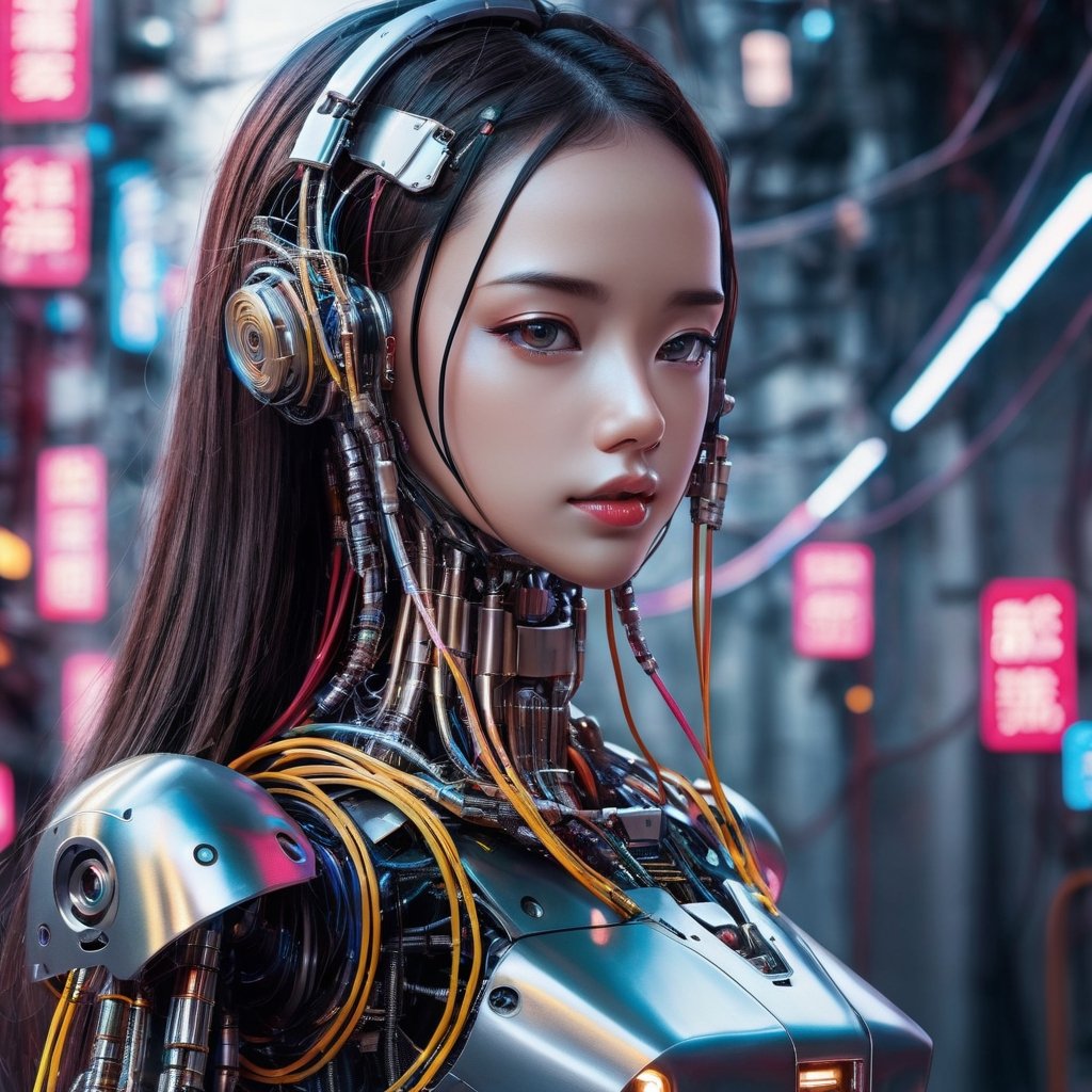 Cybernetic robot artwork featuring a girl - android, AI, machine, metal, wires, tech, futuristic, highly detailed.
,Leonardo Style,cyberpunk style,candyseul