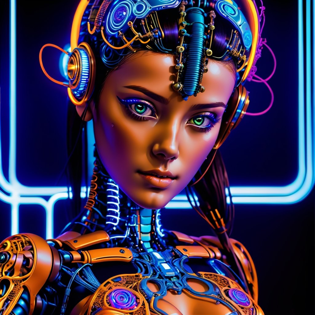 Cybernetic robot artwork featuring a girl - android, AI, machine, metal, wires, tech, futuristic, highly detailed.
,blacklight makeup