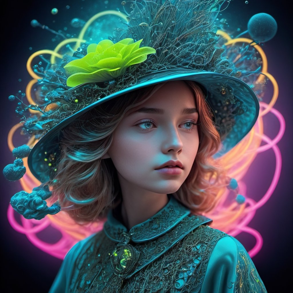 Surrealist art with a girl - dreamlike, mysterious, provocative, symbolic, intricate, detailed.
,3d style,neon photography style,DonML1quidG0ldXL 