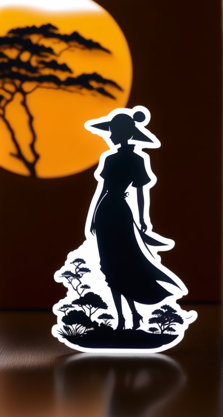 Flat Papercut Sticker with text TenTen**: TenTen's elegant silhouette in a sharp-edged, paper-cut style.,ink scenery