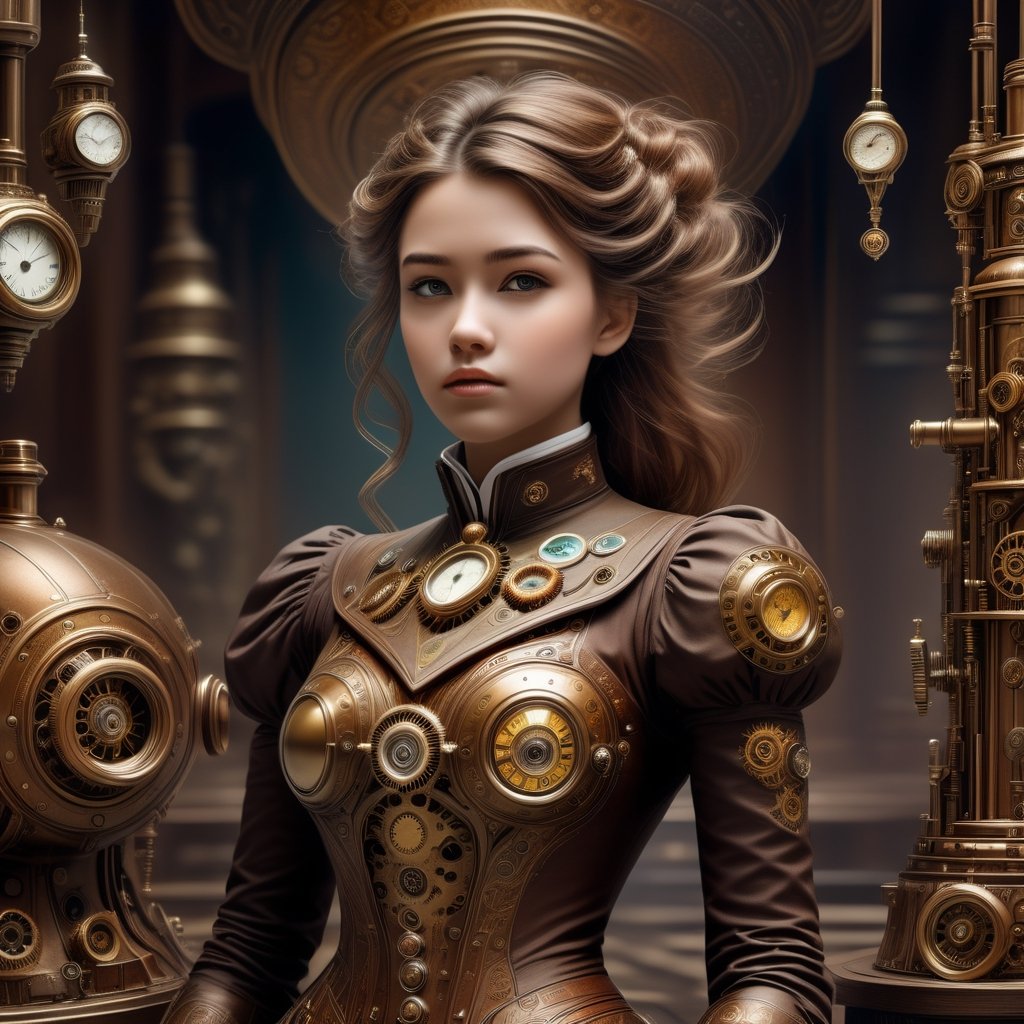 Steampunk style with a girl - antique, mechanical, brass and copper tones, gears, intricate, detailed.
,beautymix,steampunk style,cyborg style,DonMASKTexXL 